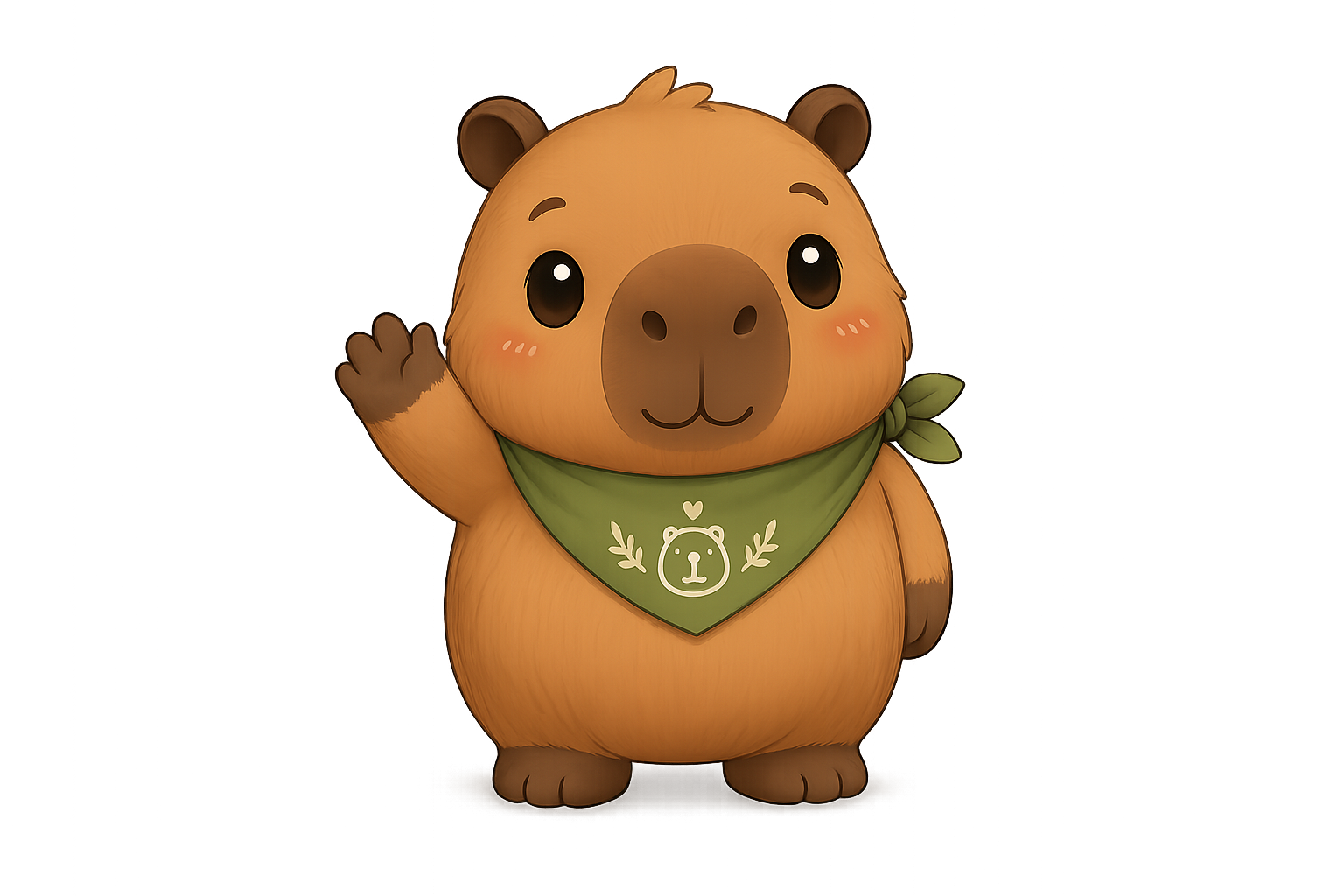 Cappy the capybara waving with a green bandana