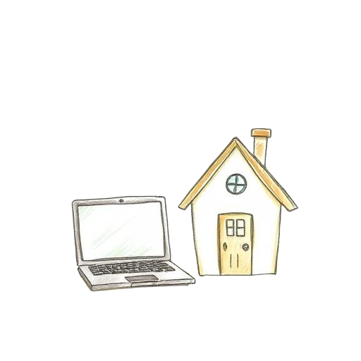 Hand-drawn laptop and little house